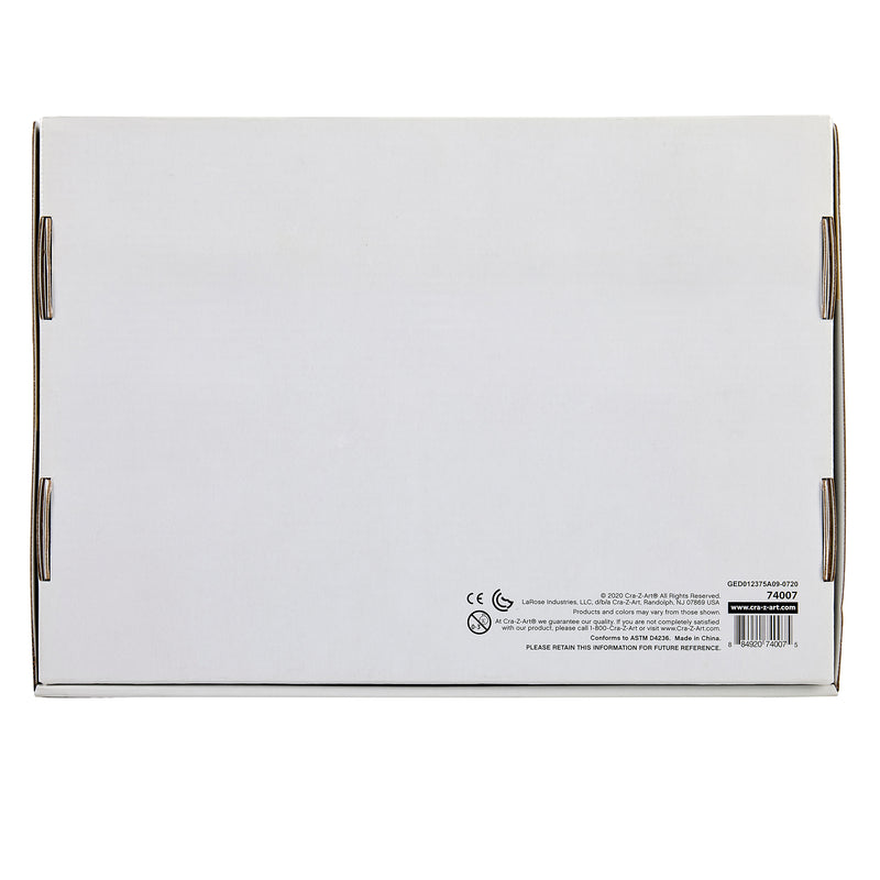 The image shows the back view of a plain white cardboard box with some product information and symbols printed near the bottom right corner of Cra-Z-Art Washable Markers 10 Color Fine 200 Count.