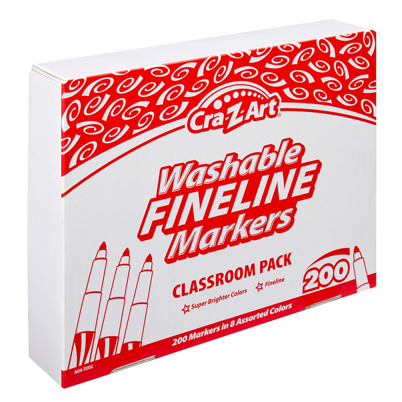 A box of Cra-Z-Art Washable Markers 10 Color Fine 200 Count, labeled "CLASSROOM PACK", containing 200 markers in 8 assorted colors. The box is predominantly white and red.