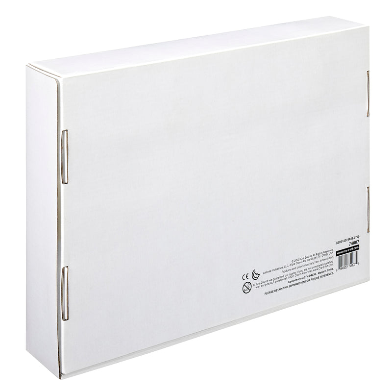 A white rectangular cardboard box with some text, symbols, and a barcode printed on the lower right corner. The Cra-Z-Art Washable Markers 10 Color Fine 200 Count box has folded flaps on the edges.