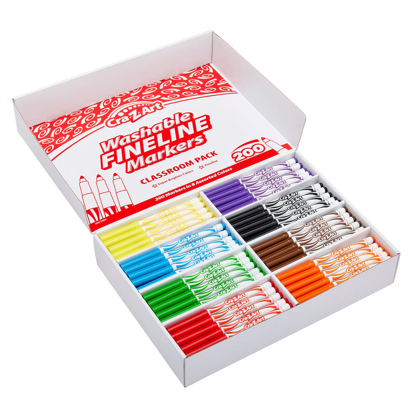 Open box containing Cra-Z-Art Washable Markers 10 Color Fine 200 Count in various colors, organized in separate compartments. The box is labeled "200 Classroom Pack.