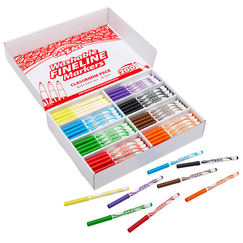 An open box of Cra-Z-Art Washable Markers 10 Color Fine 200 Count displaying 200 markers in various colors, organized in compartments. Some markers are scattered in front of the box.