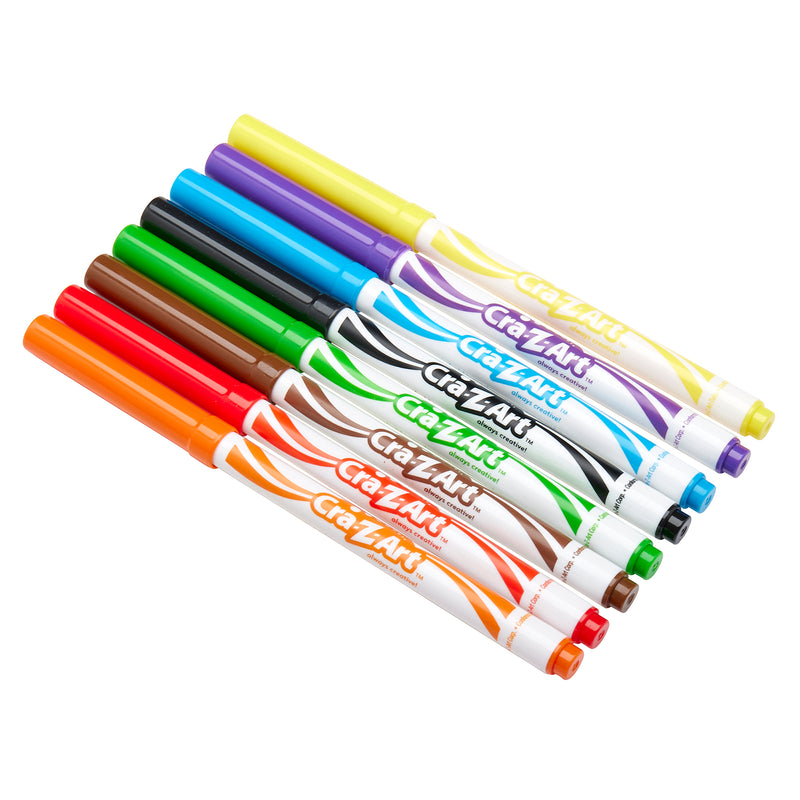 A set of ten Cra-Z-Art Washable Markers 10 Color Fine 200 Count arranged in a row, featuring a variety of colors including yellow, red, blue, green, and black, among others, with white caps and coordinated color names on each marker.