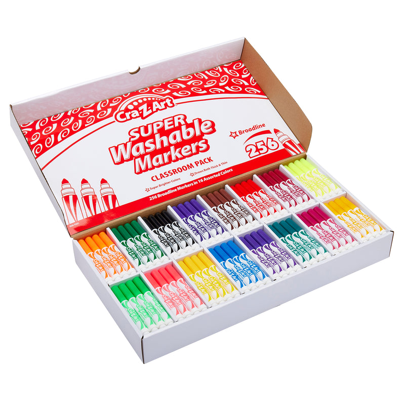 An open box of Cra-Z-Art Washable Markers Broadline 16 color 256 Count in a classroom pack, containing 256 broadline markers in various colors neatly organized in rows.
