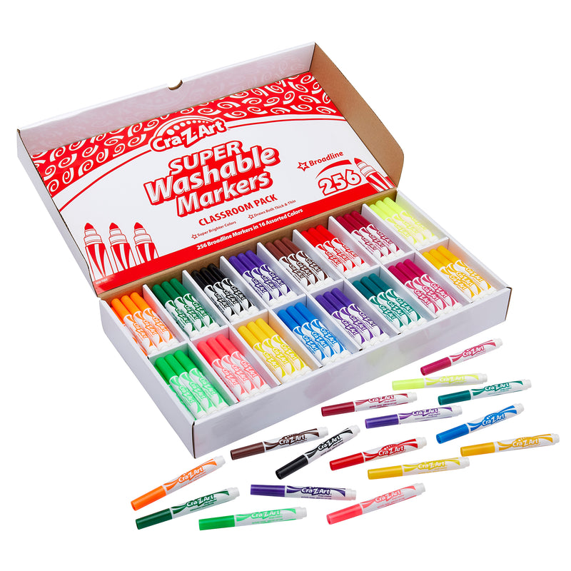 A box of Cra-Z-Art Washable Markers Broadline 16 color 256 Count with the lid open, showing 256 markers in various colors. Some markers are scattered outside the box.