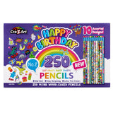 Packaging of Cra-Z-Art's "250 Count Happy Birthday Pencils - Classroom Bulk Pack - 10 Different Designs," featuring colorful designs, "real wood," "easy sharpening," and "latex-free erasers." The package highlights 10 assorted designs.
