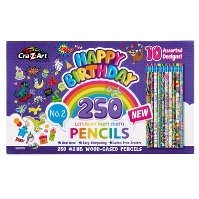 Packaging of Cra-Z-Art's "250 Count Happy Birthday Pencils - Classroom Bulk Pack - 10 Different Designs," featuring colorful designs, "real wood," "easy sharpening," and "latex-free erasers." The package highlights 10 assorted designs.