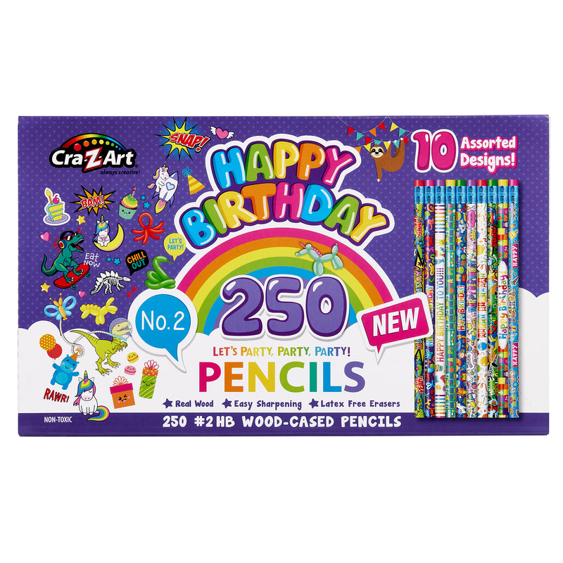 Packaging of Cra-Z-Art's "250 Count Happy Birthday Pencils - Classroom Bulk Pack - 10 Different Designs," featuring colorful designs, "real wood," "easy sharpening," and "latex-free erasers." The package highlights 10 assorted designs.