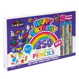 A package of "250 Count Happy Birthday Pencils - Classroom Bulk Pack - 10 Different Designs" featuring 250 No. 2 wood-cased pencils with 10 assorted designs. The packaging is colorful with a birthday theme and illustrations.