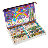 Open the box of 250 Count Happy Birthday Pencils - Classroom Bulk Pack - 10 Different Designs. This bulk pack for classrooms contains 250 "Happy Birthday" pencils, each featuring one of ten unique designs.