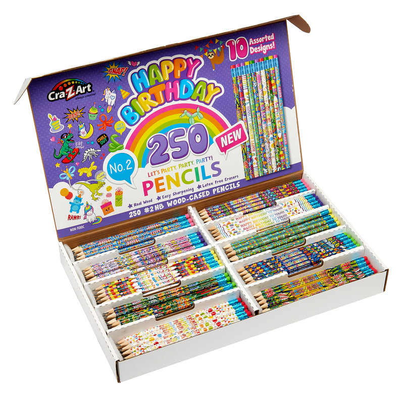 Open the box of 250 Count Happy Birthday Pencils - Classroom Bulk Pack - 10 Different Designs. This bulk pack for classrooms contains 250 "Happy Birthday" pencils, each featuring one of ten unique designs.
