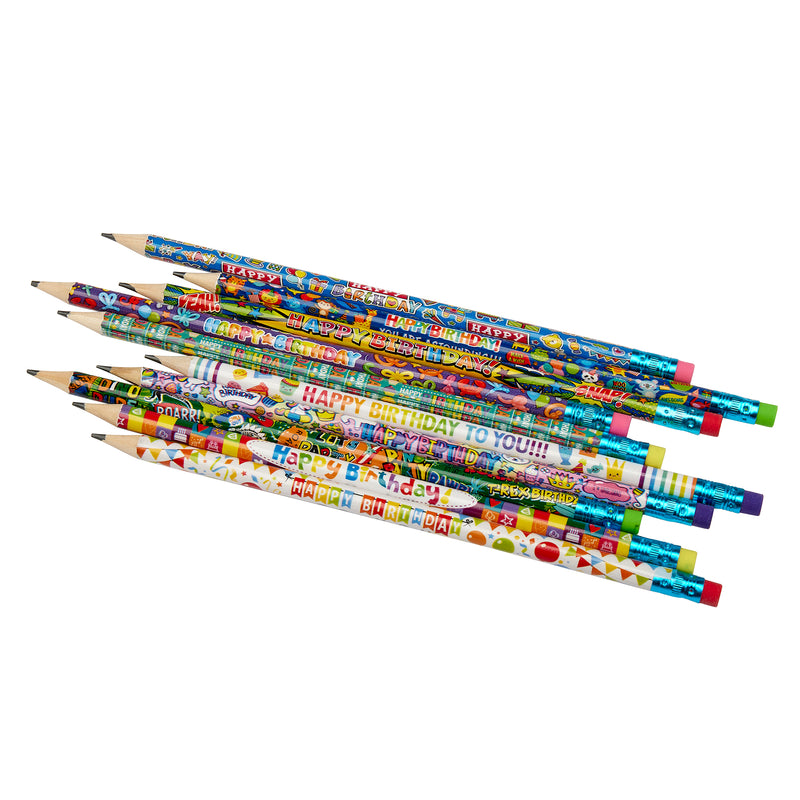 A set of seven colorful pencils with decorative 'Happy Birthday' designs laying side by side on a white background from the 250 Count Happy Birthday Pencils - Classroom Bulk Pack - 10 Different Designs.