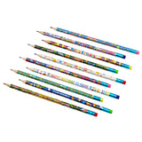 Nine colorful pencils with various patterns and birthday messages such as "Happy Birthday" and "You Are Awesome!" are lined up diagonally on a white background from the 250 Count Happy Birthday Pencils - Classroom Bulk Pack - 10 Different Designs.