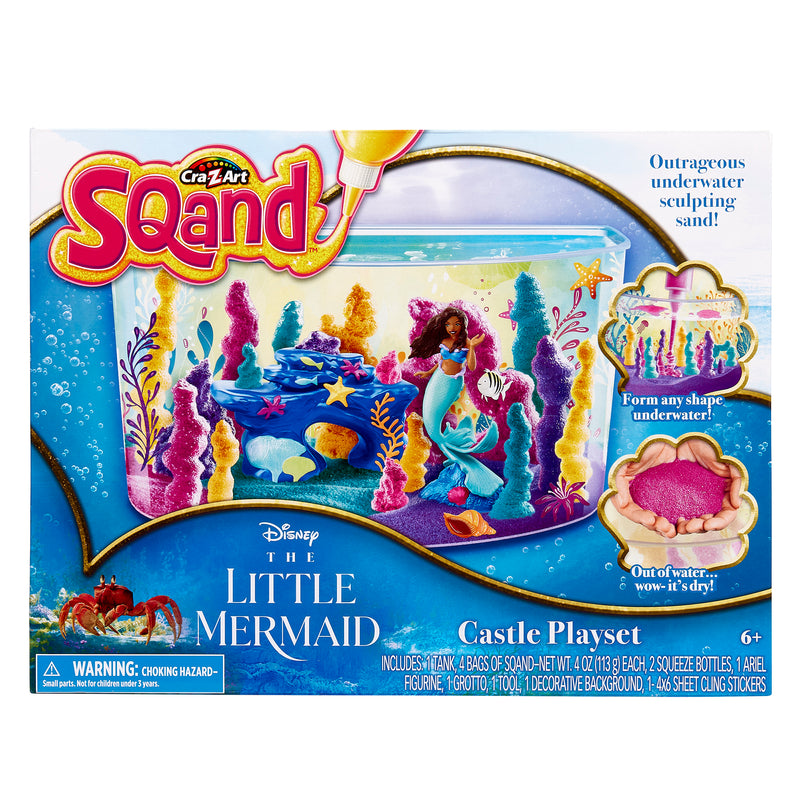 The image shows a The Little Mermaid Sqand Castle Playset based on Disney's "The Little Mermaid." The packaging displays the contents and features like underwater sculpting sand. The set is for ages 6 and up.