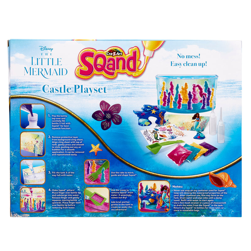 Packaging of 'The Little Mermaid Sqand Castle Playset' featuring Disney's The Little Mermaid theme, showing the product, included tools, and detailed instructions on the back. Promises "No mess! Easy clean up!".