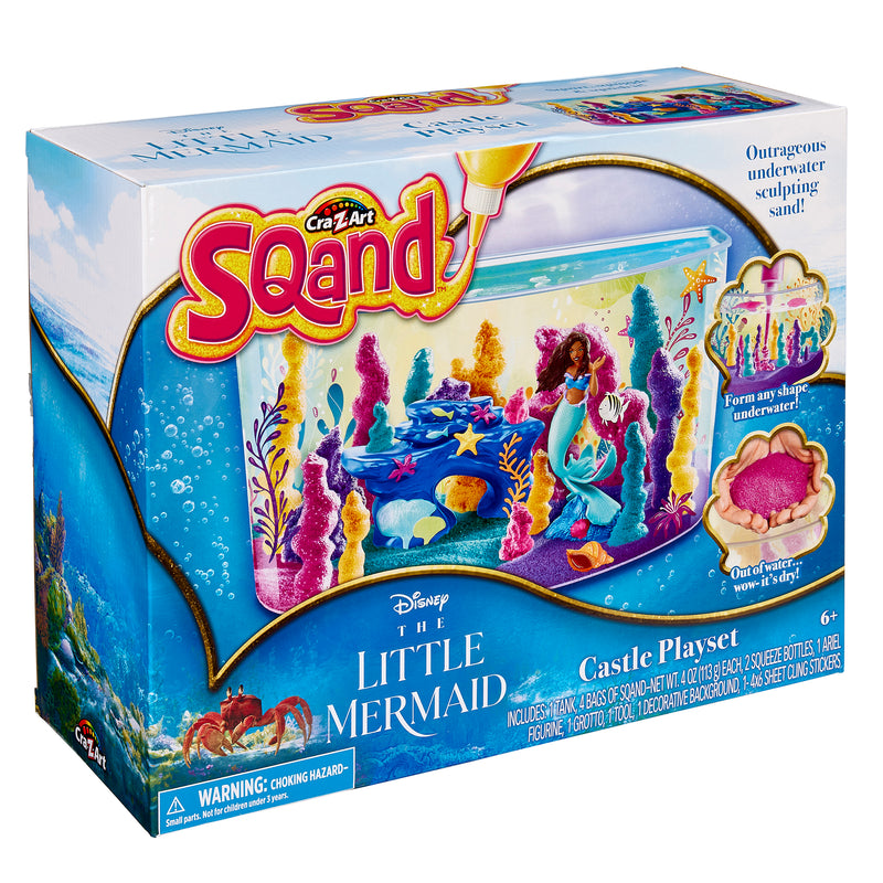 Box containing The Little Mermaid Sqand Castle Playset, featuring an underwater sculpting sand kit with a castle theme and accessories for children aged 6 years and up.
