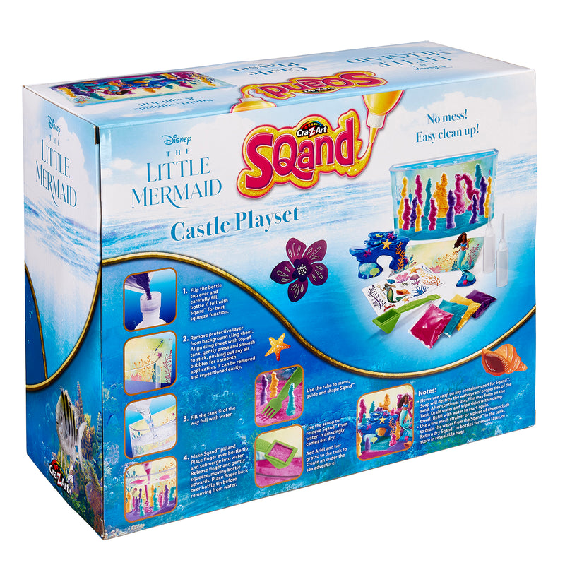 Packaging of The Little Mermaid Sqand Castle Playset. The box shows components, features, and instructions for creating underwater sand art scenes with included tools and molds.