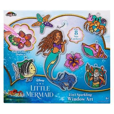 The image shows a "The Little Mermaid 2 in 1 Window Set" with 8 sun catcher designs that include mermaid, flower, fish, sea star, crab, seahorse, shell, and king figure.