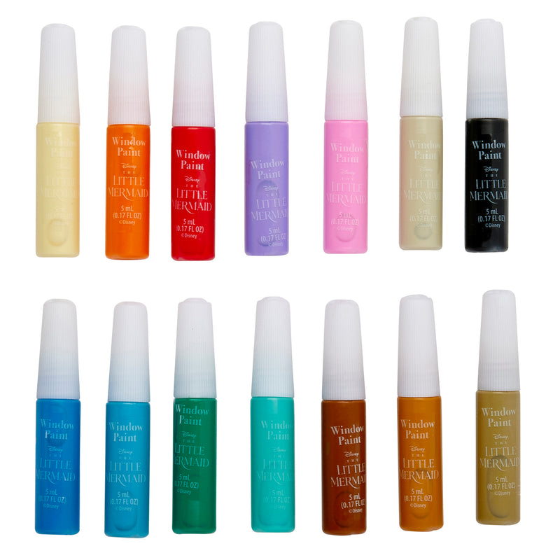 Fifteen bottles of The Little Mermaid 2 in 1 Window Set in various colors, including yellow, red, purple, pink, blue, green, orange, brown, and black. Each bottle has a white cap and labeled "Window Paint.