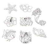 Various outlined sea and floral-themed coloring ornaments, including a starfish, flower, mermaid, flower, sea creature, fish, ocean king and shell from The Little Mermaid 2 in 1 Window Set.