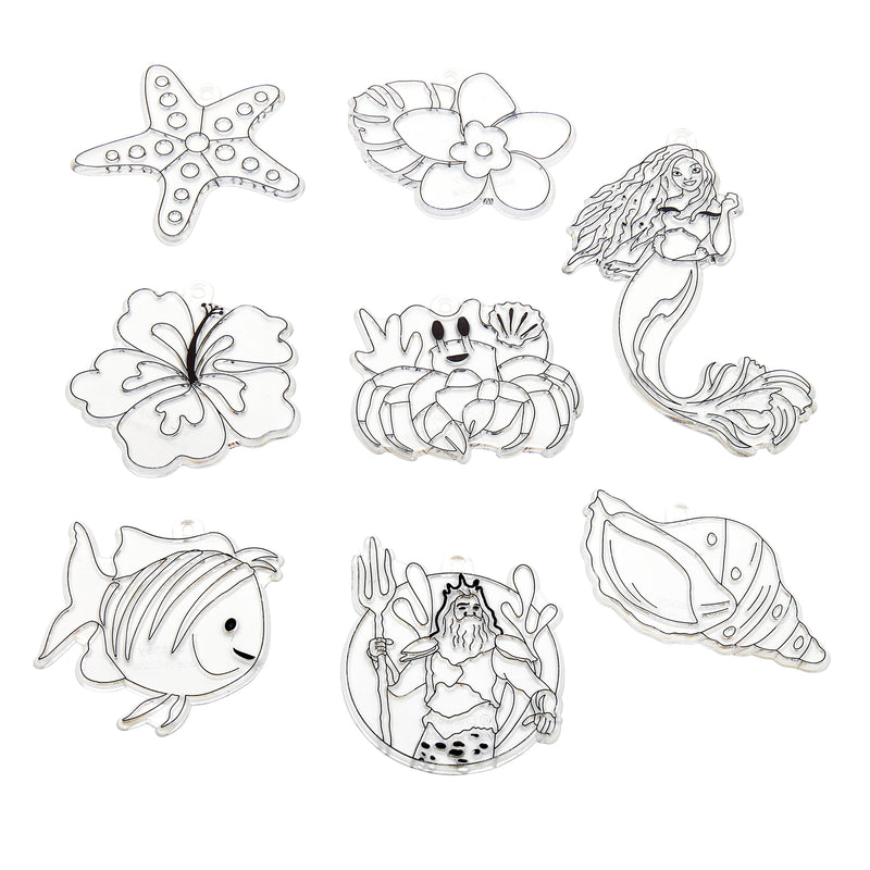 Various outlined sea and floral-themed coloring ornaments, including a starfish, flower, mermaid, flower, sea creature, fish, ocean king and shell from The Little Mermaid 2 in 1 Window Set.