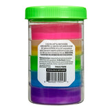 A Cra-Z-Slimy Glow Slimy Jar with a green lid holding multiple layers of colorful dough. The container label provides product and manufacturer information, as well as warnings and instructions for use.