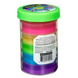A clear plastic container with five stacked colorful doughs in pink, red, yellow, green, blue, and purple with a green lid, labeled "Cra-Z-Slimy Glow Slimy Jar.