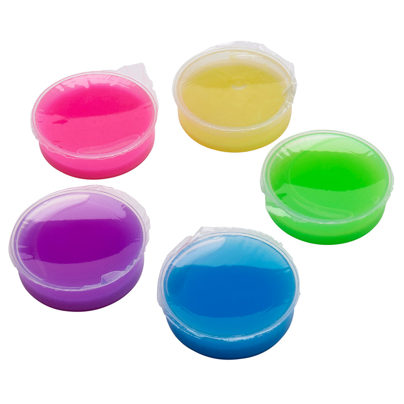 Five small Cra-Z-Slimy Glow Slimy Jars in various colors (pink, yellow, green, purple, and blue) with plastic lids.