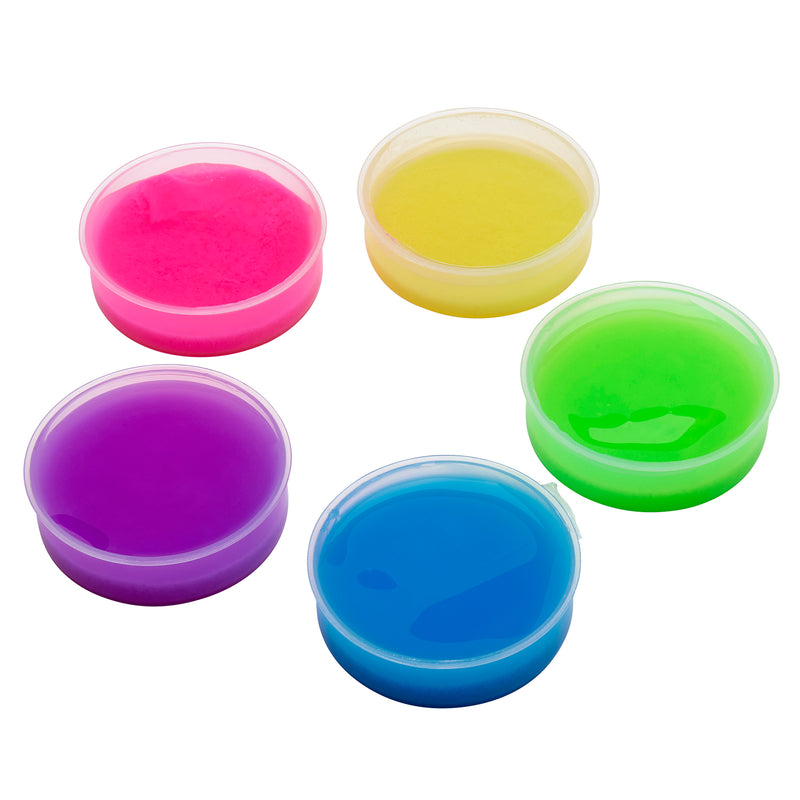 Five Cra-Z-Slimy Glow Slimy Jars filled with colorful slime in pink, yellow, green, blue, and purple.