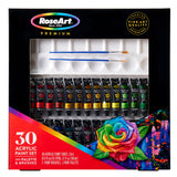 RoseArt Premium ACRYLIC PAINT SET 30 Count includes 30 paint tubes, two brushes, and a palette. The packaging features a prominent colorful flower design and emphasizes fine art quality.