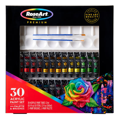 RoseArt Premium ACRYLIC PAINT SET 30 Count includes 30 paint tubes, two brushes, and a palette. The packaging features a prominent colorful flower design and emphasizes fine art quality.