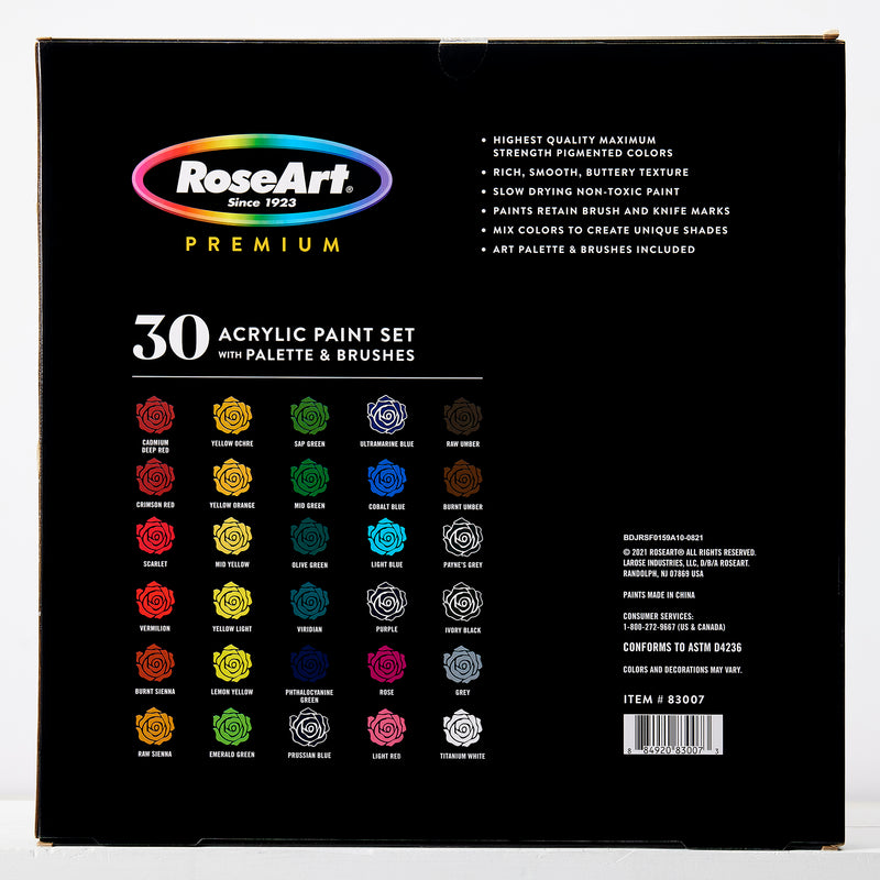 Back of a RoseArt Premium ACRYLIC PAINT SET 30 Count box displaying 30 different paint colors, product features, and included item details.