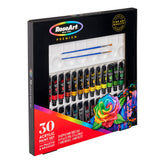 A 30-piece RoseArt Premium ACRYLIC PAINT SET 30 Count with 28 paint tubes, a palette, and two brushes, packaged in a black box with a vibrant rose illustration.