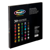 Box of RoseArt Premium ACRYLIC PAINT SET 30 Count containing 30 colors with included palette and brushes. The box displays color samples and product information.