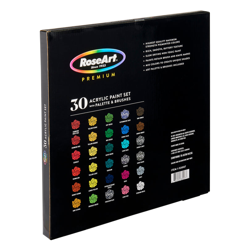 Box of RoseArt Premium ACRYLIC PAINT SET 30 Count containing 30 colors with included palette and brushes. The box displays color samples and product information.
