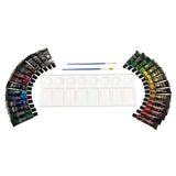 A set of thirty paint tubes labeled as RoseArt Premium ACRYLIC PAINT SET 30 Count, arranged in a semicircle around a white mixing palette and two paintbrushes, one flat and one round, laid out centrally.
