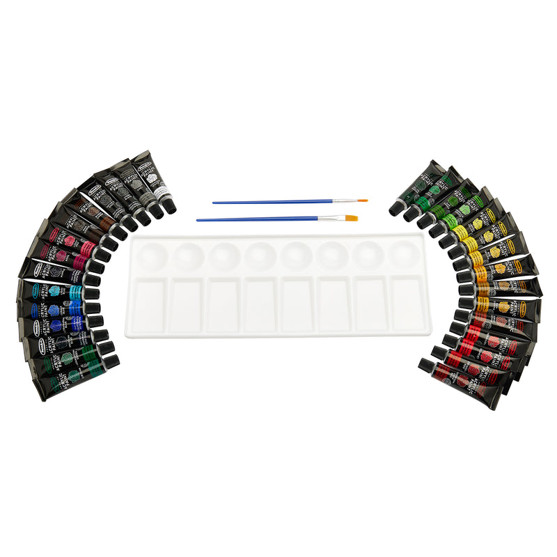 A set of thirty paint tubes labeled as RoseArt Premium ACRYLIC PAINT SET 30 Count, arranged in a semicircle around a white mixing palette and two paintbrushes, one flat and one round, laid out centrally.