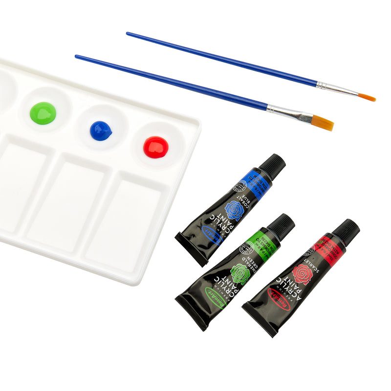 A RoseArt Premium ACRYLIC PAINT SET 30 Count with red, blue, and green paint, two paintbrushes with blue handles, and three paint tubes: blue, green, and red.