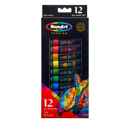 Box containing a 12-piece RoseArt Premium OIL PAINT TUBES .4OZ (12ML) 12 Count, featuring tubes of various colors. Packaging is labeled non-toxic, and includes an image of a colorful turtle.