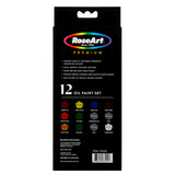 Back of a RoseArt Premium OIL PAINT TUBES .4OZ (12ML) 12 Count box, listing paint colors and features like premium pigments, slow drying, and maximum strength.