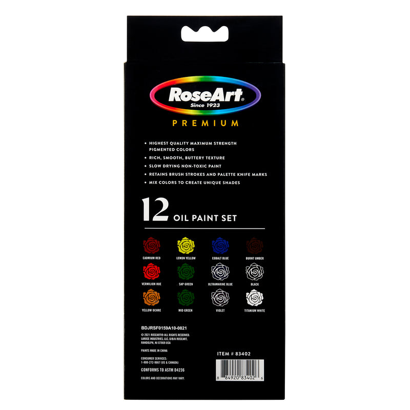 Back of a RoseArt Premium OIL PAINT TUBES .4OZ (12ML) 12 Count box, listing paint colors and features like premium pigments, slow drying, and maximum strength.