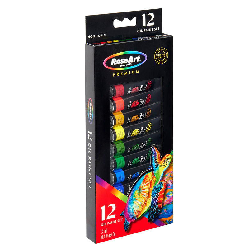 A 12-piece RoseArt Premium OIL PAINT TUBES .4OZ (12ML) 12 Count with colorful turtle artwork on the packaging.