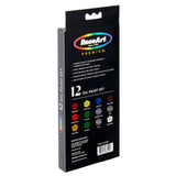 Box of RoseArt Premium OIL PAINT TUBES .4OZ (12ML) 12 Count, featuring high pigment colors and smooth texture, with image of the paints and product details on the black packaging.