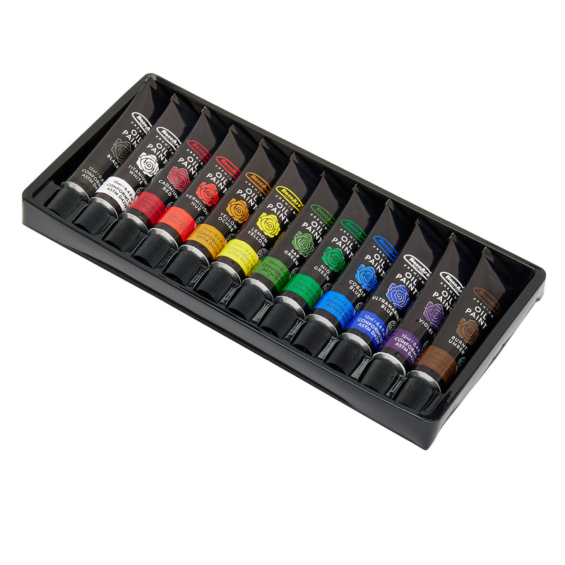 A set of RoseArt Premium OIL PAINT TUBES .4OZ (12ML) 12 Count arranged neatly in a black plastic tray.