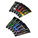 Twelve RoseArt Premium OIL PAINT TUBES .4OZ (12ML) 12 Count in various colors, with black caps and labels indicating the colors: black, red, yellow, white, green, light green, blue, light blue, purple, brown, maroon, and ochre.