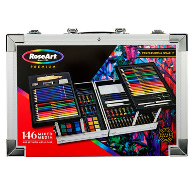 RoseArt Premium METAL FOLD OUT ART SET 142 Count, displayed in an open metal case. Includes markers, crayons, pastels, colored pencils, and paint tubes. "Professional Quality" label visible.