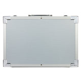 A closed RoseArt Premium METAL FOLD OUT ART SET 142 Count with a textured surface and reinforced corners, standing upright with a handle on top.