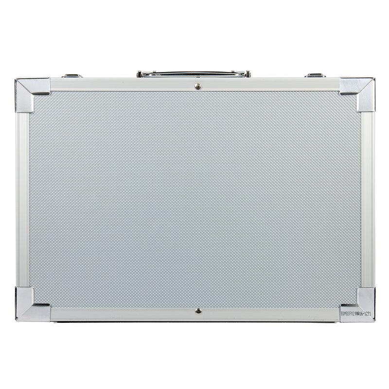 A closed RoseArt Premium METAL FOLD OUT ART SET 142 Count with a textured surface and reinforced corners, standing upright with a handle on top.