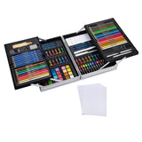 A large, open RoseArt Premium METAL FOLD OUT ART SET 142 Count containing various tools including colored pencils, crayons, oil pastels, watercolor paints, and sketching supplies, alongside a stack of blank white paper sheets.