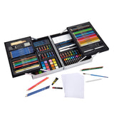 An open RoseArt Premium METAL FOLD OUT ART SET 142 Count displaying various pencils, markers, paints, erasers, and sheets of blank paper arranged neatly.
