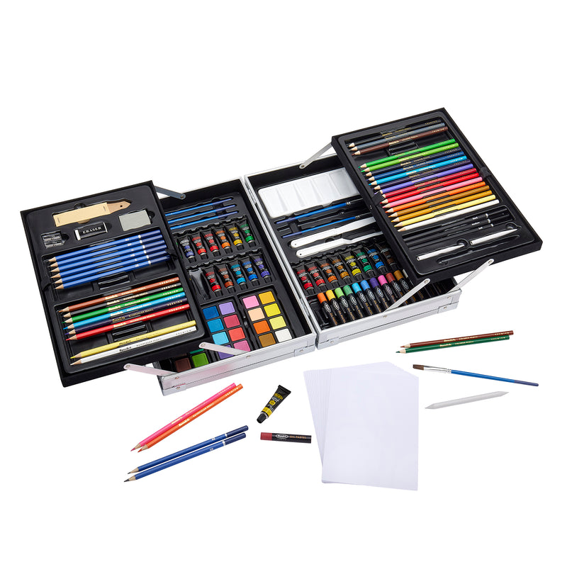 An open RoseArt Premium METAL FOLD OUT ART SET 142 Count displaying various pencils, markers, paints, erasers, and sheets of blank paper arranged neatly.